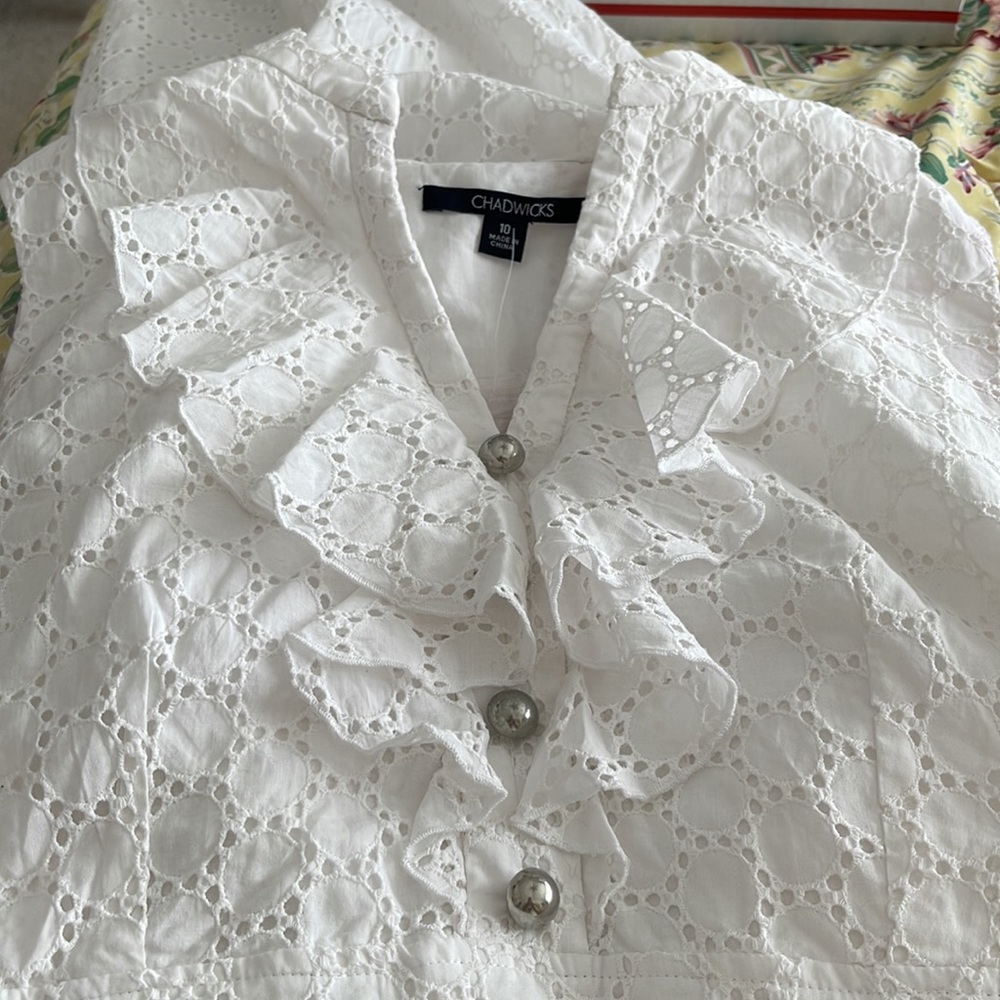 NWT Chadwick’s White 100% Cotton Eyelet Ruffle Sleeveless Knee-Length Dress - Picture 8 of 13